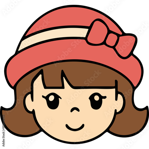 Stylized cartoon portrait of a young girl wearing a pink hat with a bow and brown hair against a black background conveying innocence and simplicity in a flat design aesthetic
