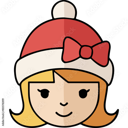 Stylized cartoon portrait of a young girl wearing a red Santa hat with a white pompom and a red bow with blonde hair and rosy cheeks against a black background