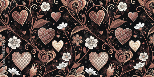 A beautiful floral pattern featuring intricate hearts and flowers in warm hues against a black background.