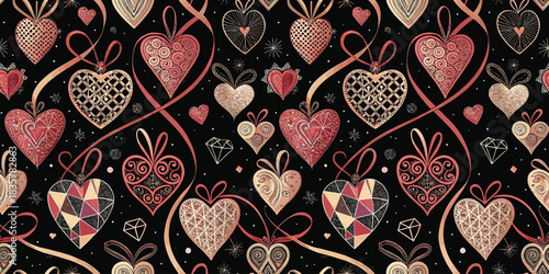 Colorful heart pattern design featuring intricate details on a black backdrop.