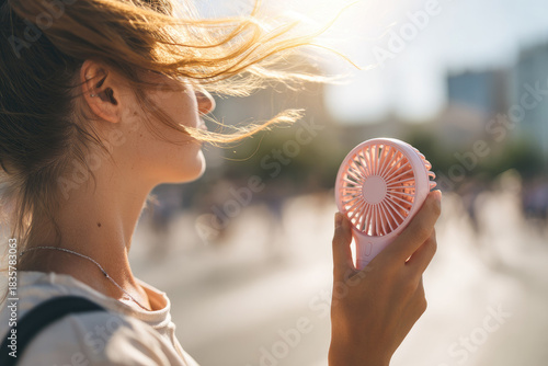 Handheld mini fan provides cool breeze during summer outdoor activities, offering portable relief from heat with compact design, perfect for travel and daily use