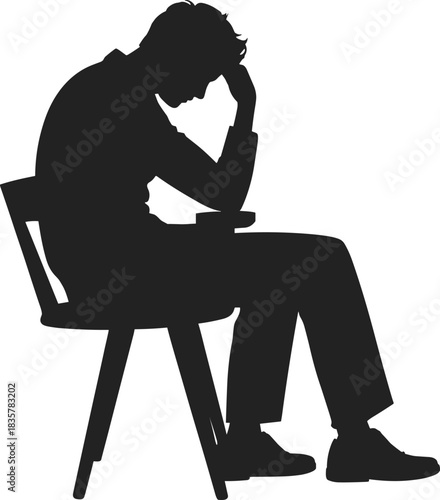 Silhouette of man sitting on chair holding head in hand showing stress, sadness, depression, anxiety, and emotional exhaustion concept