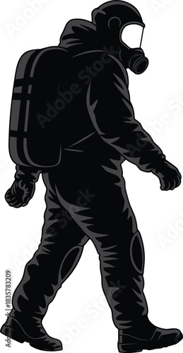 Silhouette of man wearing protective hazmat suit and gas mask with oxygen tank, safety concept vector illustration for hazardous environment.