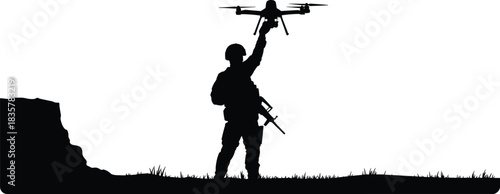 Silhouette of modern soldier launching drone on battlefield, military technology concept with armed combat trooper using UAV surveillance system outdoors.