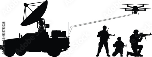 Silhouette of military soldiers operating surveillance drone with communication vehicle, modern warfare technology and battlefield reconnaissance concept illustration design.