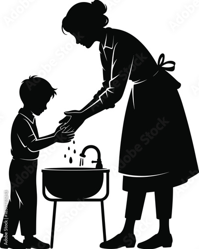 Silhouette of mother teaching child hand washing at sink promoting hygiene, cleanliness, parenting care, 