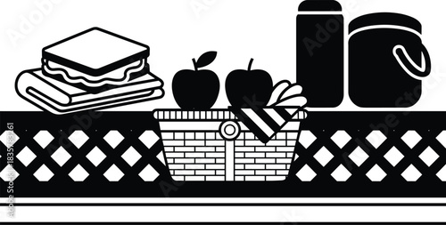 Silhouette of picnic basket with food, fruits, sandwiches, and drinks on table, outdoor lunch meal vector illustration design concept