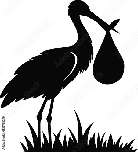 Silhouette of stork bird carrying baby bundle in beak standing on grass, symbol of birth, motherhood, and new beginnings vector illustration
