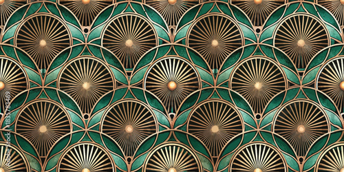 Elegant geometric pattern featuring golden fan motifs with a teal background, adding a touch of sophistication.