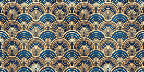 Elegant blue and gold art deco pattern featuring layered arches, creating a rhythmic, sophisticated design.