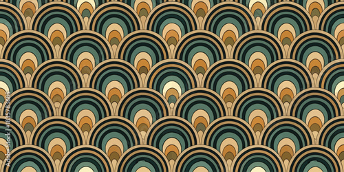 Colorful art deco pattern featuring overlapping semicircles in earthy tones.
