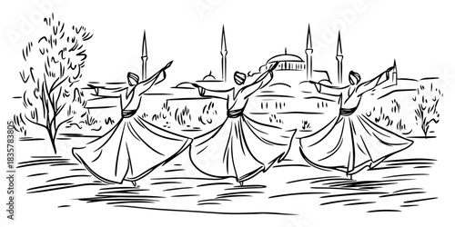Whirling dervishes dancing in front of Istanbul mosque skyline vector sketch