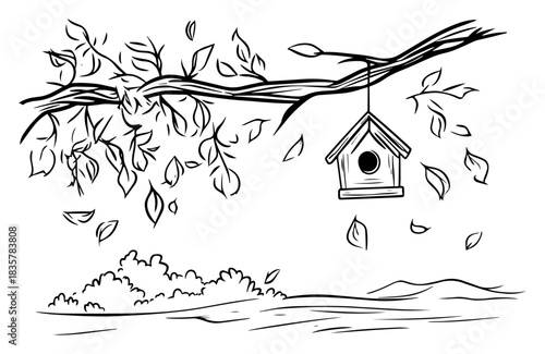 Tree branch with hanging birdhouse and falling autumn leaves vector sketch