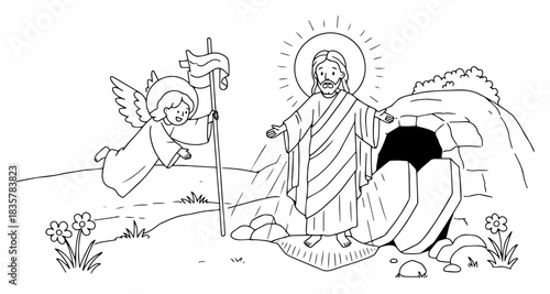 Jesus Christ Resurrection scene with angel and empty tomb vector sketch