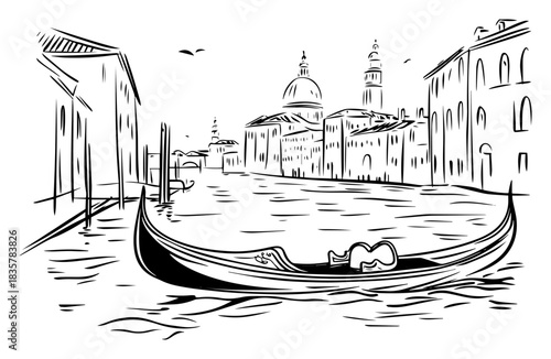 Venice canal landscape with gondola and historical buildings vector sketch