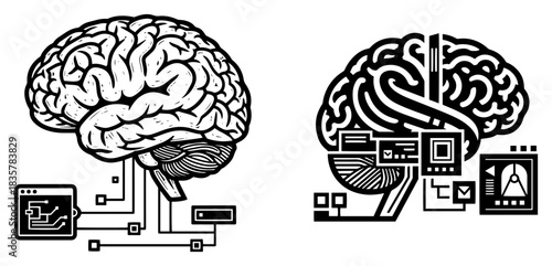 Human brain anatomy versus artificial intelligence digital brain vector icon set