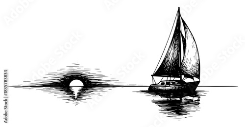 Sailboat sailing on calm ocean at sunset vector sketch landscape