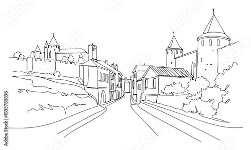 Old European city street with medieval castle towers vector sketch