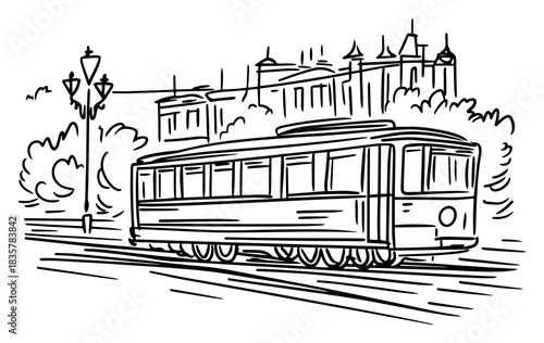 Vintage tram car on city street urban landscape vector sketch