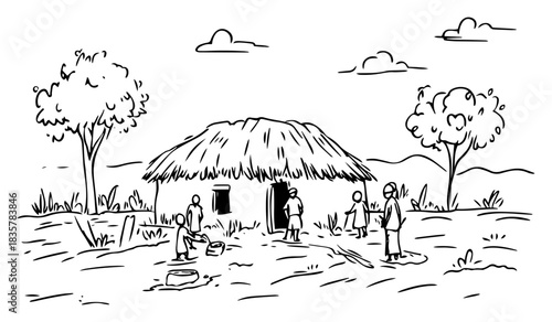 Rural African village landscape with traditional hut vector sketch