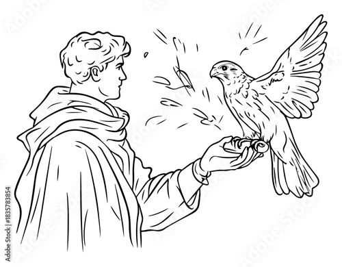 Man holding falcon bird on hand falconry concept vector sketch illustration