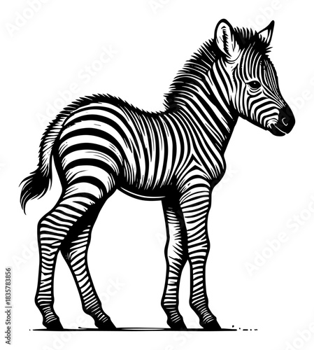 Cute baby zebra foal standing side view woodcut vector illustration