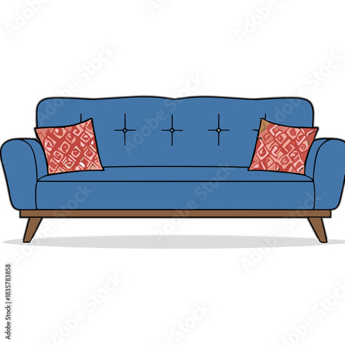 Mid Century Modern Blue Sofa With Red Patterned Accent Pillows On A White Background Clean Lines Minimalist Furniture Design For Interior Decor