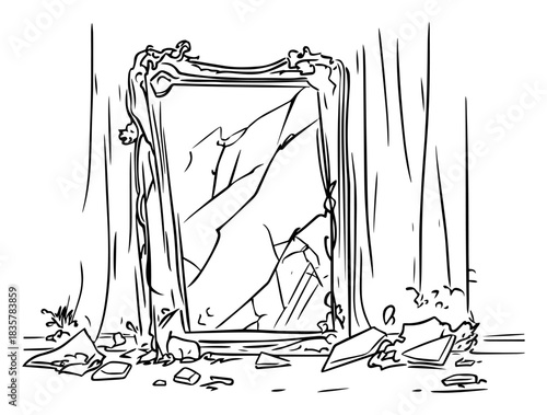 Broken vintage mirror with cracked glass and debris vector sketch