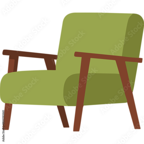 Mid Century Modern Armchair with Avocado Green Upholstery and Walnut Wood Frame Isolated on White Background