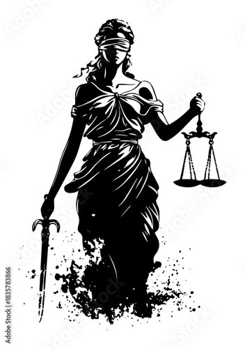Lady Justice blindfolded holding sword and scales grunge vector silhouette