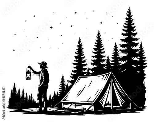 Night camping landscape with man holding lantern near tent and forest vector illustration