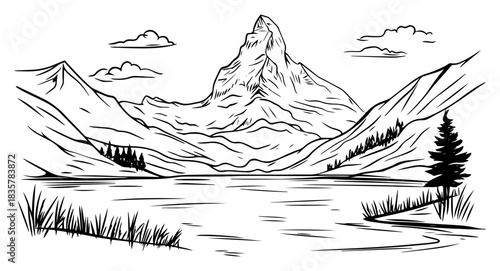 Mountain lake landscape with Matterhorn peak nature vector sketch