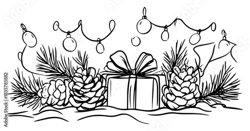 Christmas holiday border with gift box pine cones and string lights vector sketch