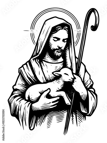 Jesus Christ Good Shepherd holding lamb with staff woodcut vector sketch illustration