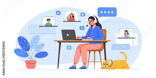 Woman working remotely from home with video conference and cat