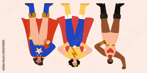 Diverse group of superheroes flying upside down with capes and power symbols