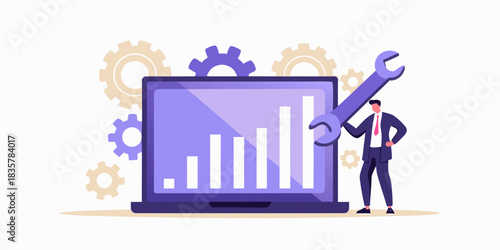 Business analytics and optimization with businessman laptop graph and gears