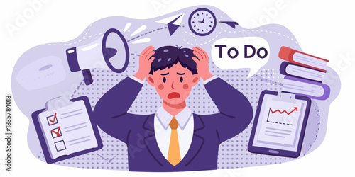 Overwhelmed businessman with many tasks and deadlines feeling stressed and anxious