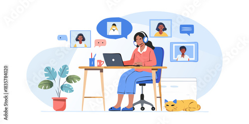 Woman working from home with video conference and cat illustration