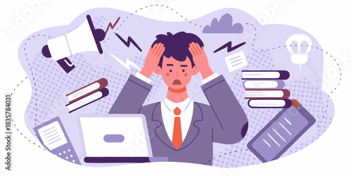 Stressed businessman overwhelmed by workload and deadlines in a chaotic environment