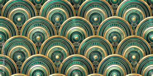 Elegant green and gold pattern with overlapping waves, creating a luxurious and stylish backdrop.