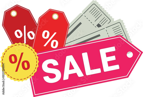 Financial success and savings opportunities with sale tags and discount percentages for commerce vector