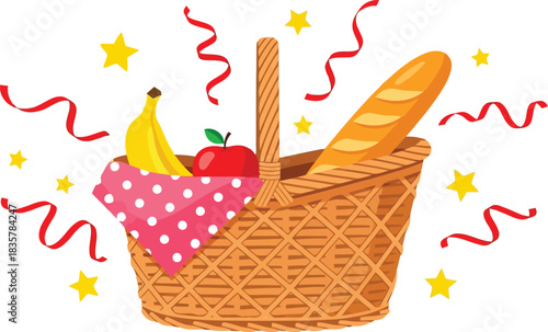 Celebrate summer fun with a wicker picnic basket full of fresh food and festive ribbons vector