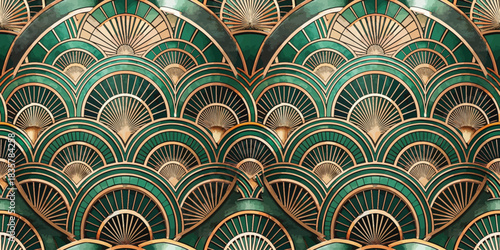 Intricate art deco pattern featuring teal and gold fan motifs, creating a luxurious and elegant design.