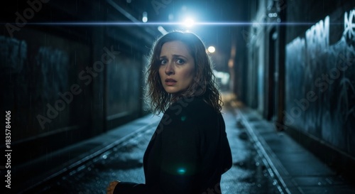 Scared woman turns back dramatically in a dark, wet, rainy urban alley illuminated by a harsh streetlamp at night.