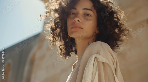 Portrait of a woman with curly hair in soft natural light, serene facial expression and a warm, peaceful atmosphere
