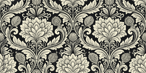Elegant floral pattern featuring intricate designs in cream on a black background.