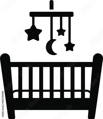 Nursery crib mobile with moon and stars silhouette icon for baby room decor and new parenthood themes vector