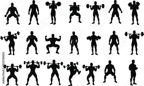 Black male silhouettes performing various weightlifting exercises with barbells and dumbbells fitness
