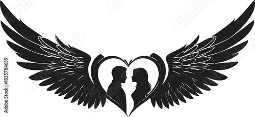 Black silhouette couple embracing within heart shaped wings love